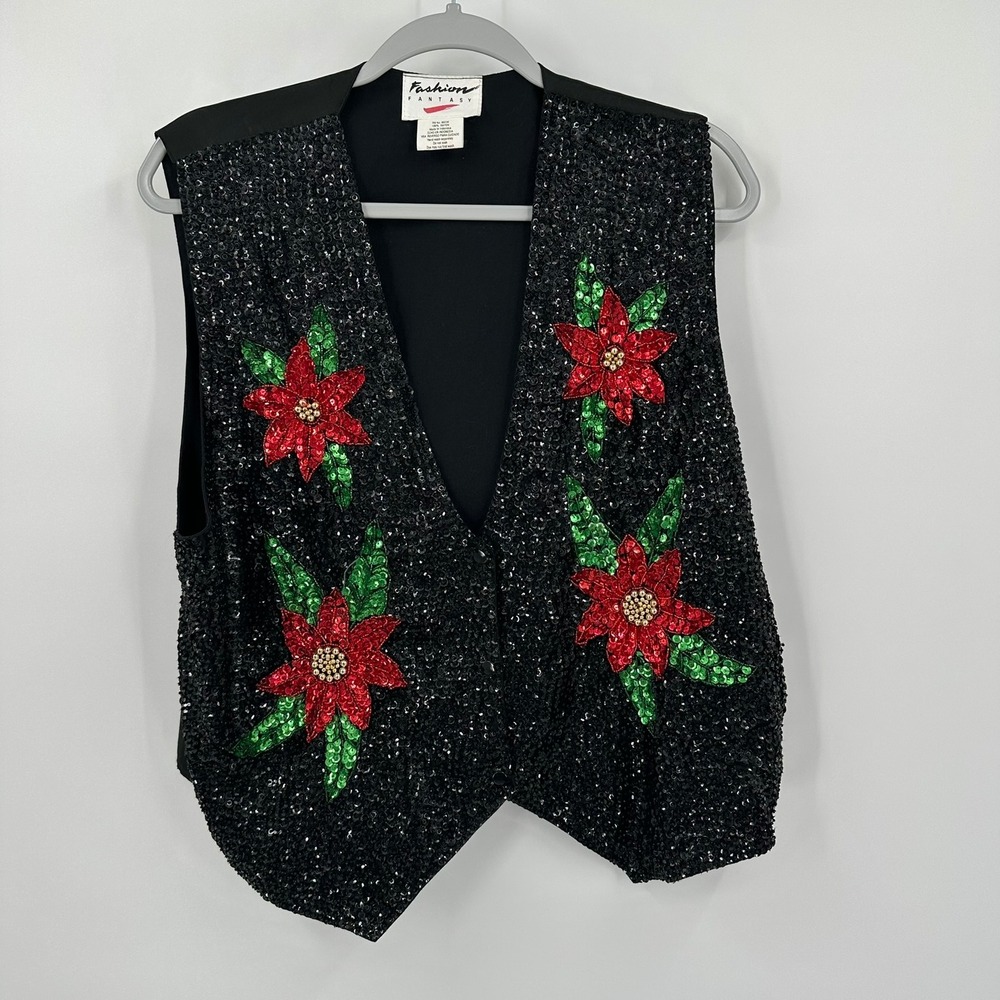 Womens Vintage Maximalist Sequin Christmas Vest Size L Poinsettia Floral Festive